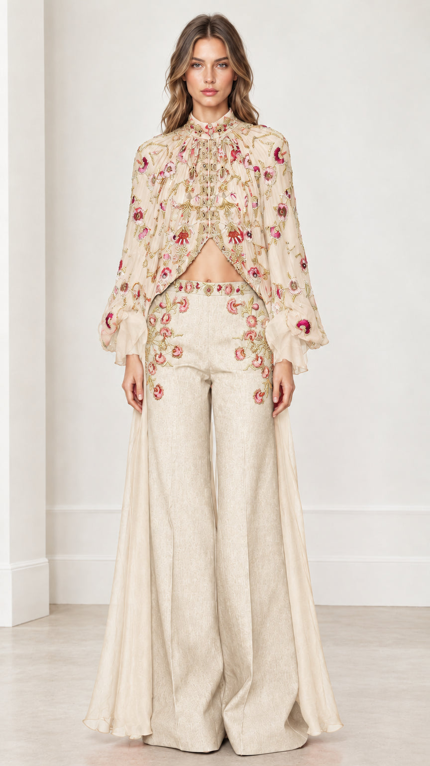 Front view of champagne cream floral embroidered cape and matching trouser set