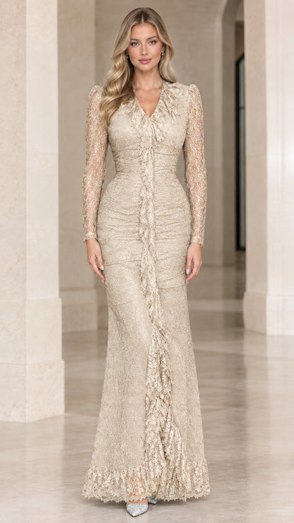 Front full-length view of Champagne beige lace long sleeve formal gown